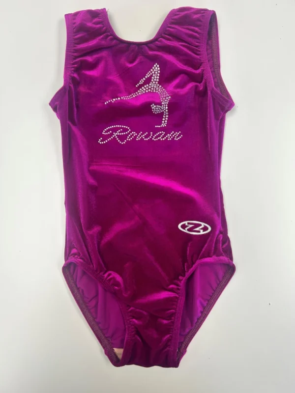 Purple Leotard featuring Rowan Gymnastics Logo and embellished with diamantes